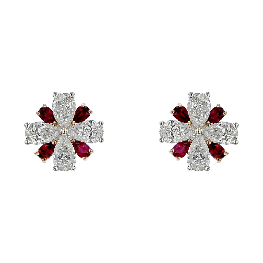 Scallop Jubilee Pear Shape Ruby and Diamond Earrings in 18K White Gold