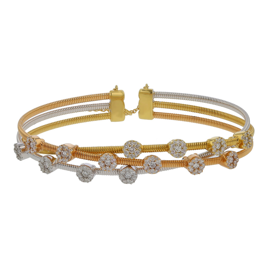 1.37ct Diamond Prong Set 3 Row Bangle Bracelet in 18K Yellow, White and Rose Gold