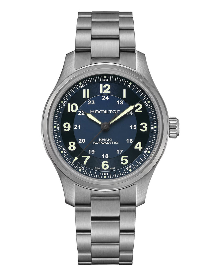 42mm Khaki Field Automatic Watch with Blue Dial in Titanium, Bracelet