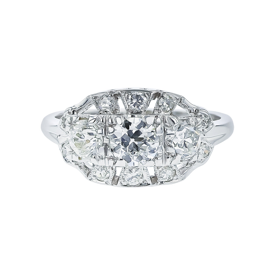 0.46ct Diamond and 0.96ct Diamonds 1940s Ring in 14K White Gold, size 6.5