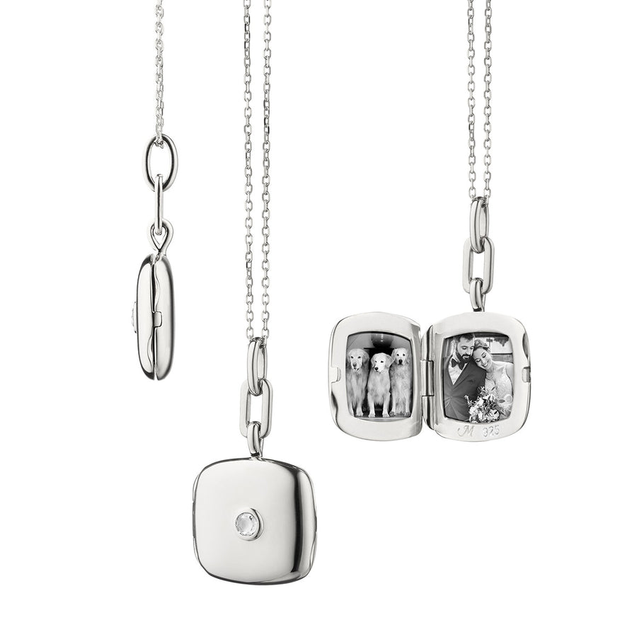 0.06Ct White Sapphire Cushion Slim Locket on Chain in Sterling Silver, 16-17in adj