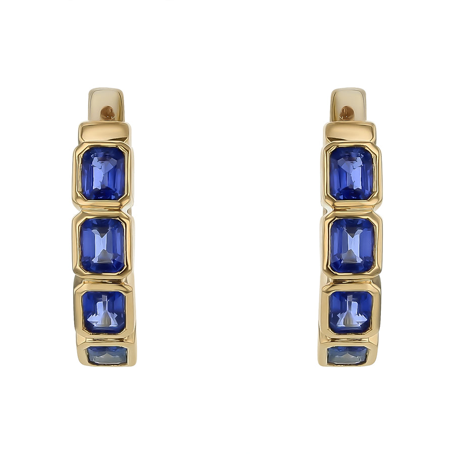 2.20ct Emerald Cut Blue Sapphire Hoop Earrings in 18K Yellow Gold