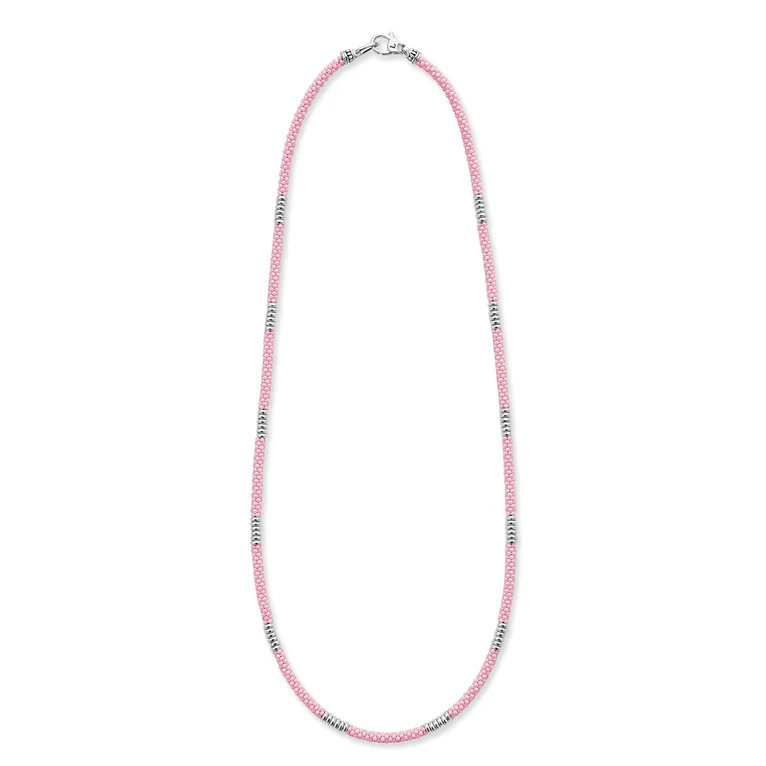 Necklace with pink beads on a white background