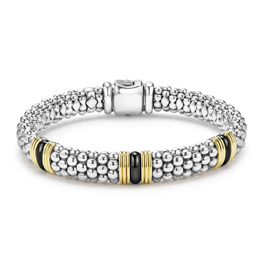 Black Caviar Stationed Rope Bracelet in Sterling Silver, 18K Yellow Gold and Ceramic, size 7