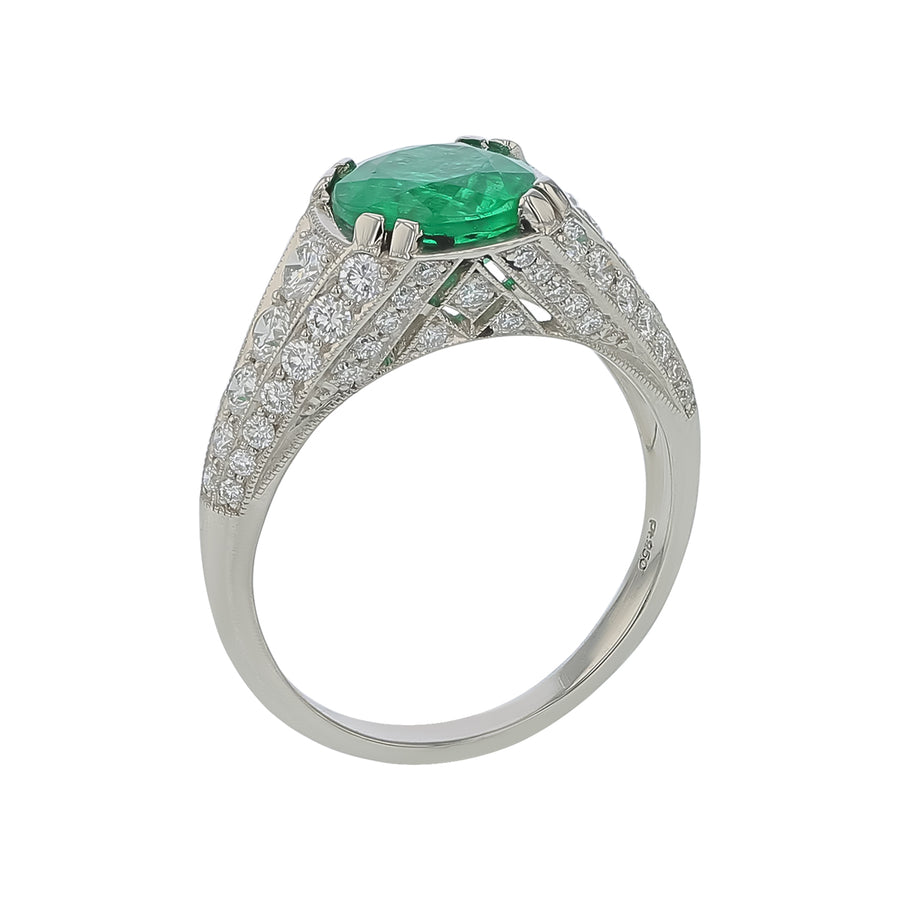 1.56ct Round Zambian Emerald and 0.80ct Diamond Ring in Platinum, Size 5.75