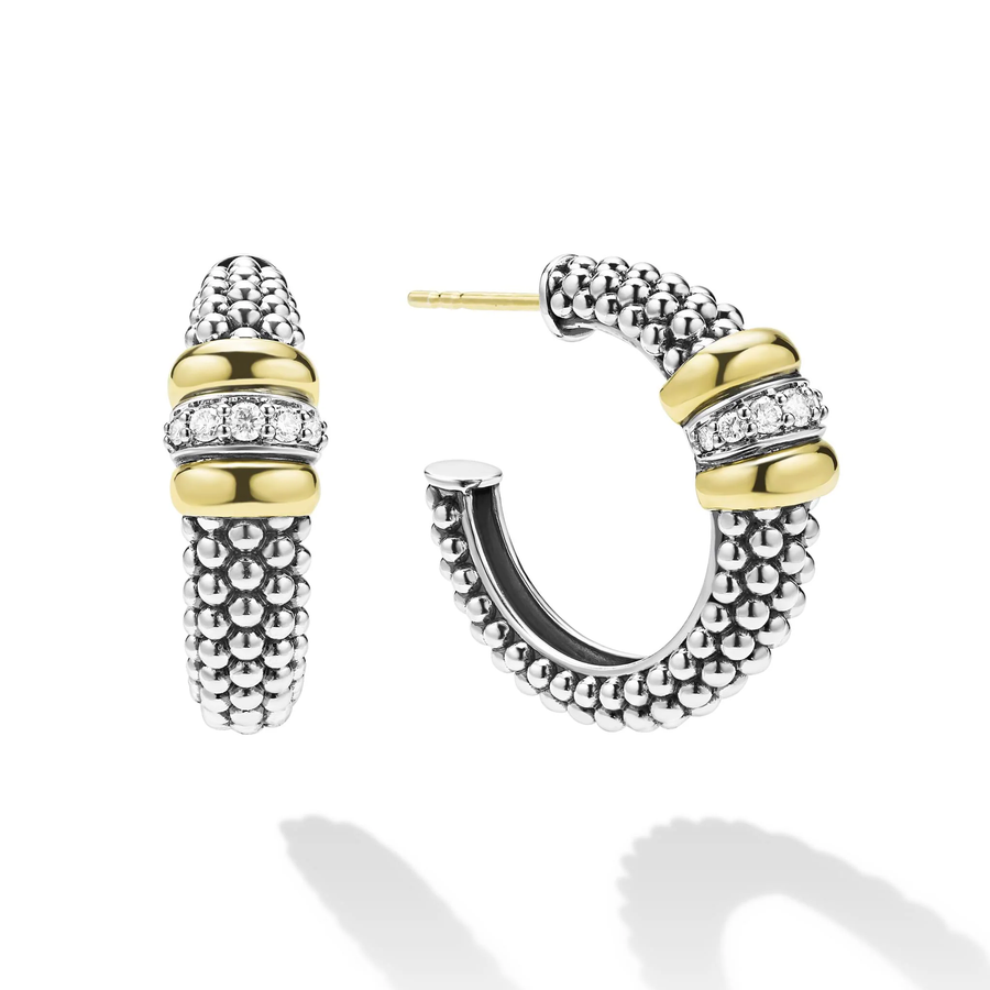 Signature Caviar 0.19ct Diamond Beaded Hoop Earrings in Sterling Silver and 18K Yellow Gold