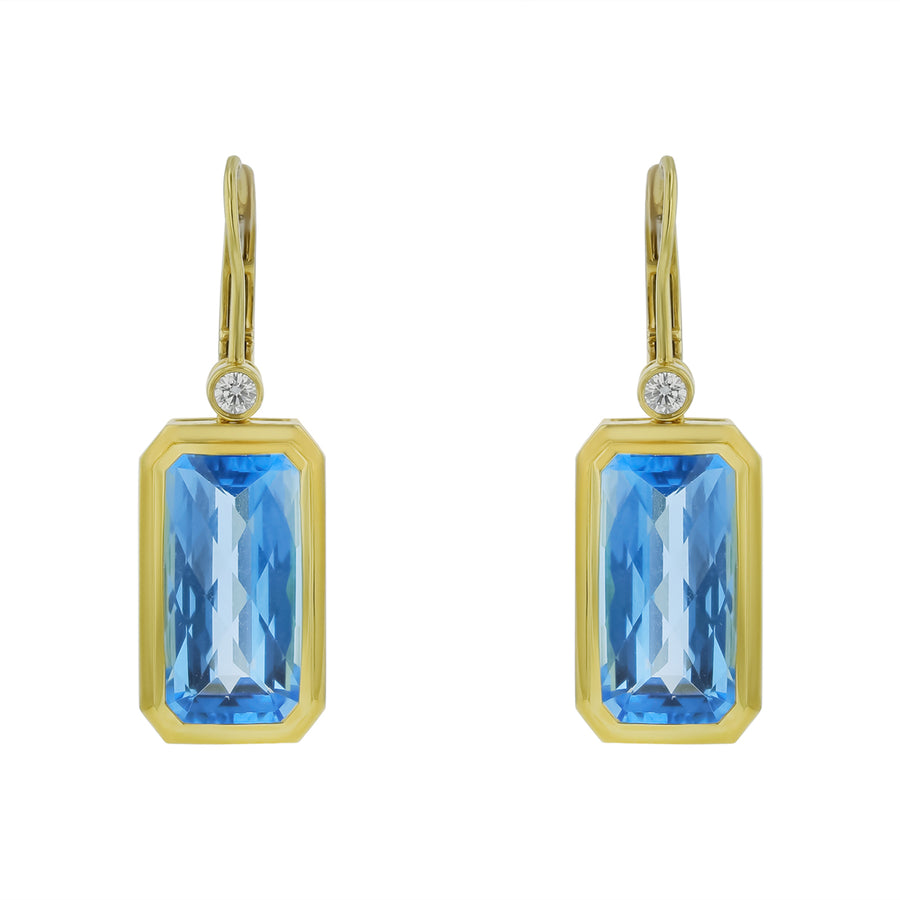 19.85ct Swiss Blue Topaz and 0.16ct Diamond Drop Earrings in 18K Yellow Gold