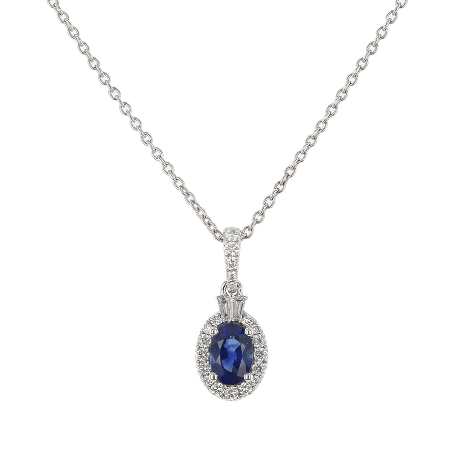 0.56ct  Oval Sapphire and 0.18ct Round and Baguette Diamond Halo Pendant in 18K White Gold, 18" chain