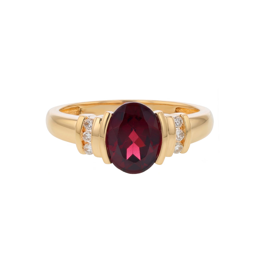 Garnet and Diamond Bezel Set Ring in 14K Yellow Gold, size 7