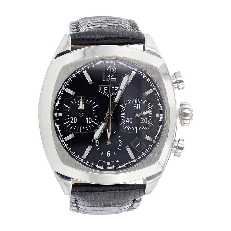 38mm Tag Heuer Monza Watch with Black Dial in Stainless Steel, Strap