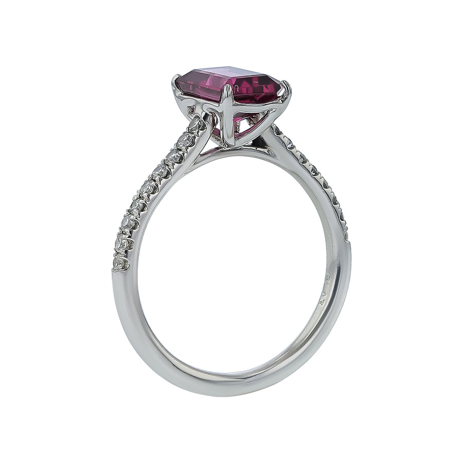 1.81ct Emerald Cut Rhodolite Garnet and 0.21ct Diamond Ring in Platinum, Size 6