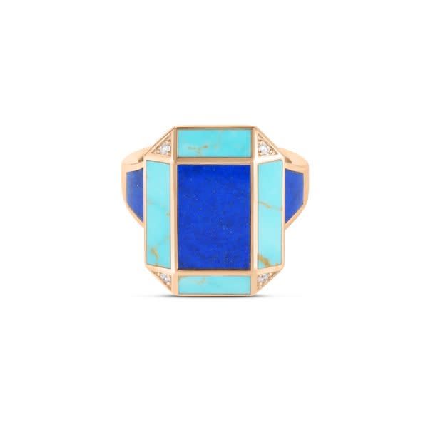 Stabilized Turquoise Lapis and Diamond Art Deco Ring in 18K Rose Gold, Size 7