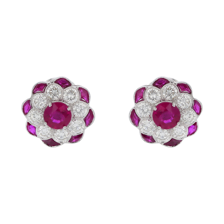 2.00ct Round Ruby Center and 2.10ct Full Cut Diamonds and 1.06ct Full Cut Rubies Earrings in Platinum