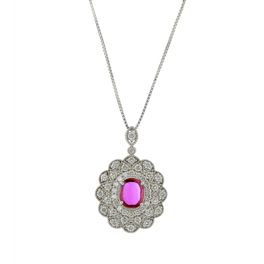 1.79ct Oval Ruby and 1.02ct Round Diamond Halo Pendant in Platinum, 17.5" chain