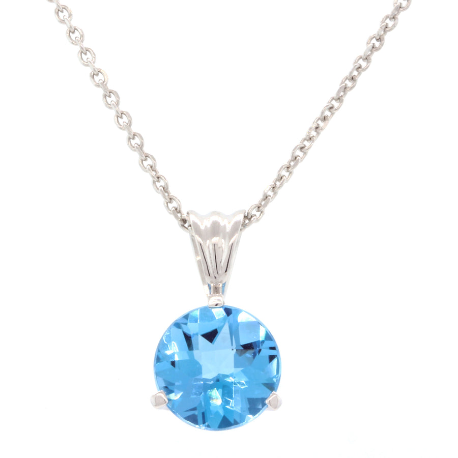 2.11Ct 8mm Round Blue Topaz Irradiated 3 Prong Fluted Bail Pendant on Chain in 18k White Gold, 18inch