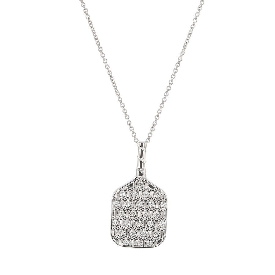 0.21Ct Diamond Pickle Ball Racket Pendant on Chain in 18k White Gold, 18" chain