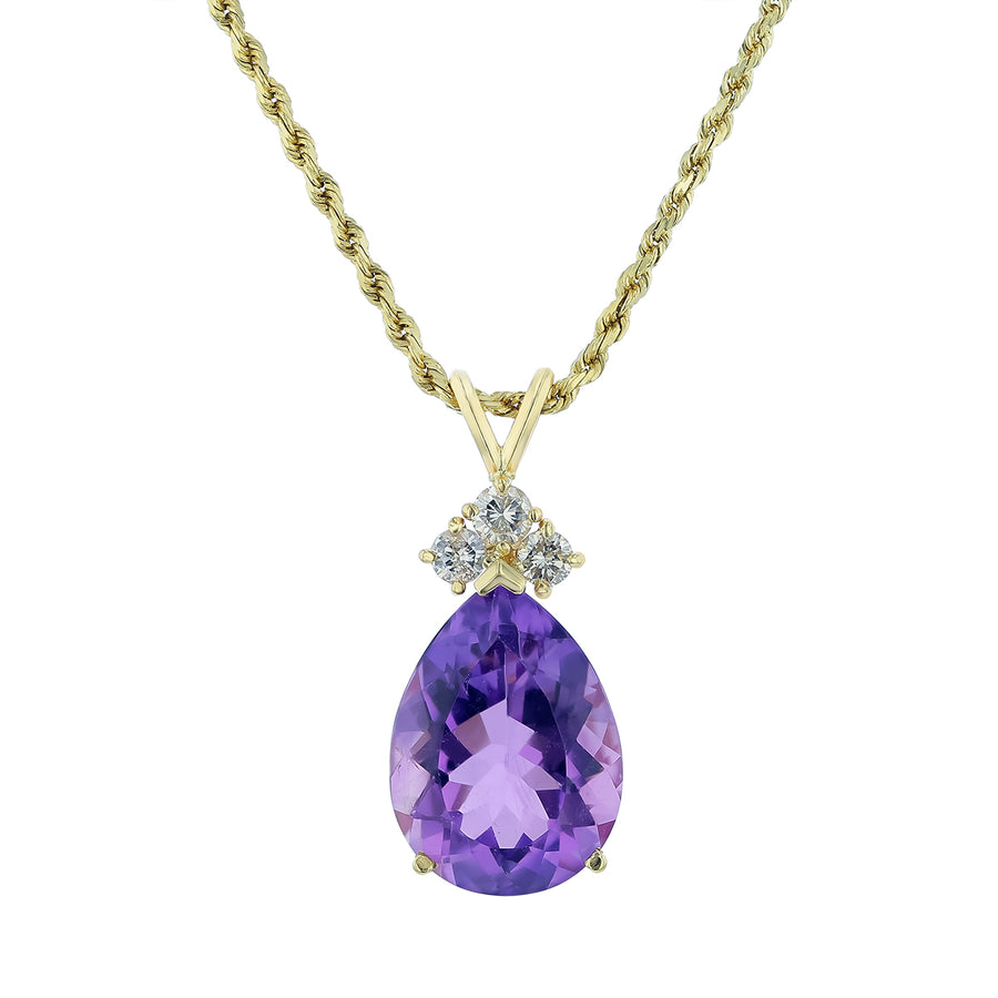 13.47ct Pear Shape Amethyst and 0.60ct Diamond Pendant in 14K Yellow Gold, without chain
