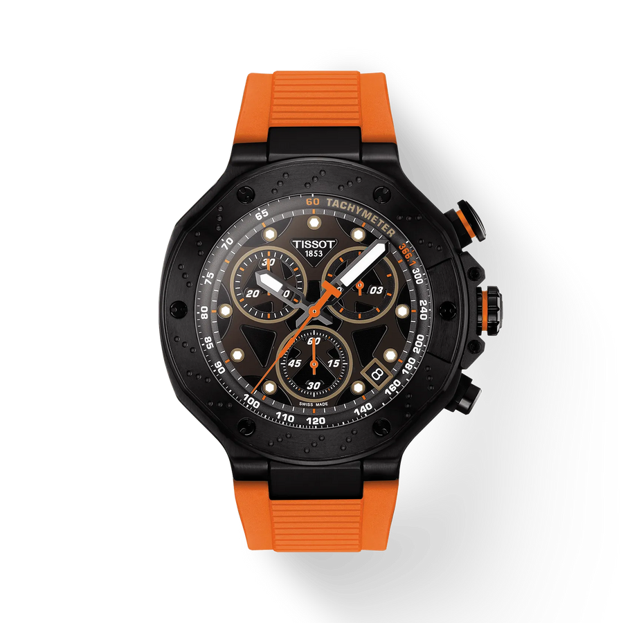 45mm T-Race Quartz Chronograph Watch with Black Dial in Stainless Steel with Black PVD, Strap
