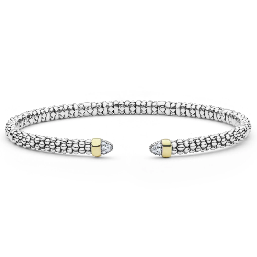Signature Caviar 0.05ct Diamond Versa Cuff Bracelet in 14K Yellow Gold and Sterling Silver, size medium
