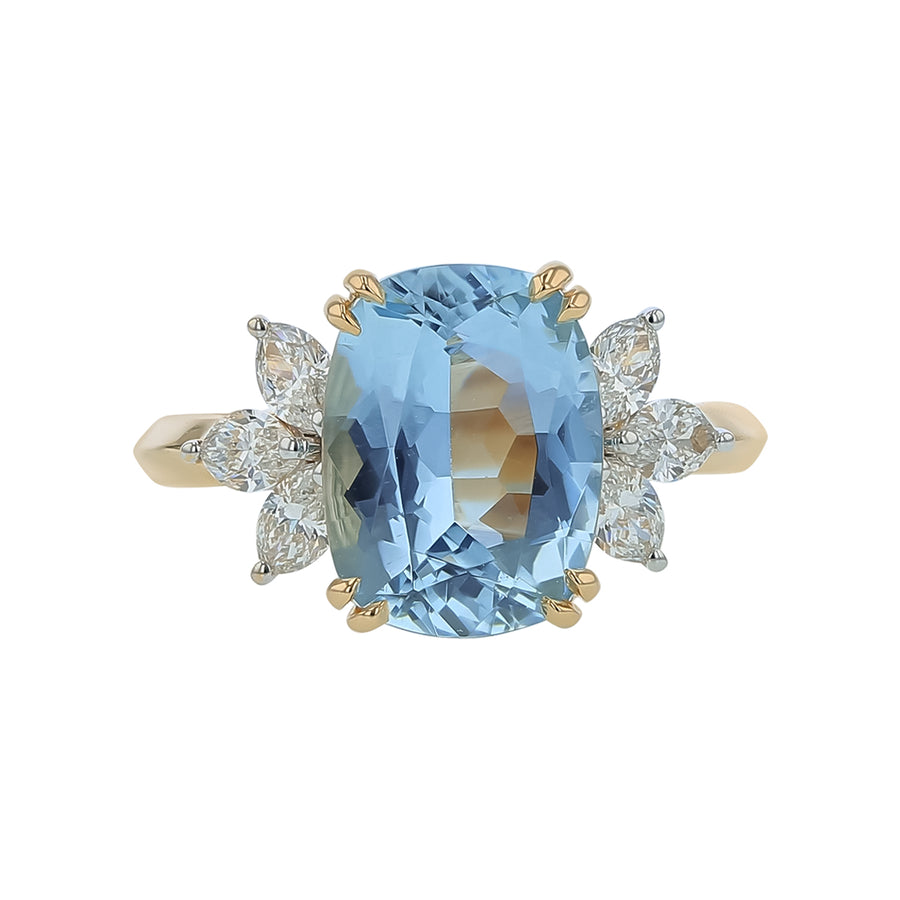 3.13ct Cushion Aquamarine and 0.68ct Diamond Ring in 18K Yellow Gold, Size 6.75
