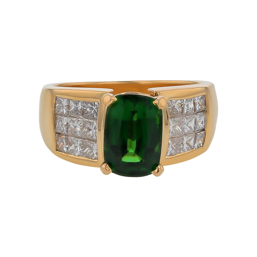 2.33ct Cushion Chrome Green Tourmaline and 1.00ct Princess Cut Diamonds Ring in 18k Yellow Gold Size 6