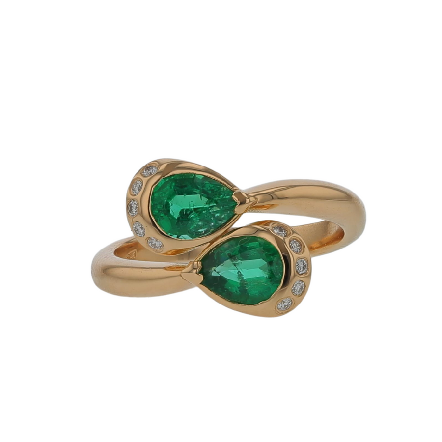 1.34ct Zambian Emerald and 0.09ct Diamond Bypass Ring in 18K Yellow Gold, size 7