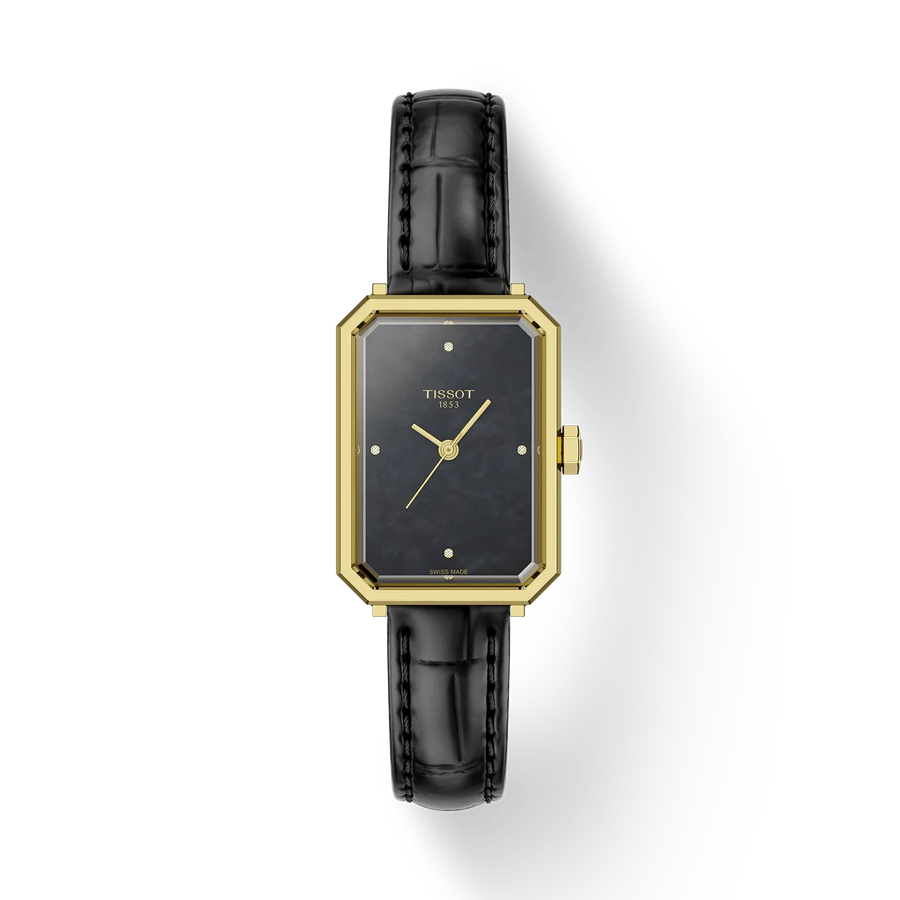 30mm SRV Quartz Watch with Black Mother of Pearl Dial in Stainless Steel with Yellow Gold PVD, Strap