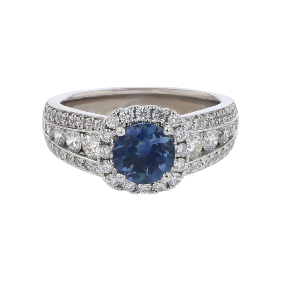 1.21ct Round Montana Sapphire 1.10ct Diamond Cushion Halo Ring and 3 Row Band in 18K White Gold Size 6.5
