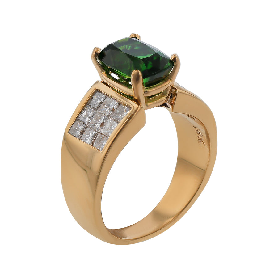 2.33ct Cushion Chrome Green Tourmaline and 1.00ct Princess Cut Diamonds Ring in 18k Yellow Gold Size 6
