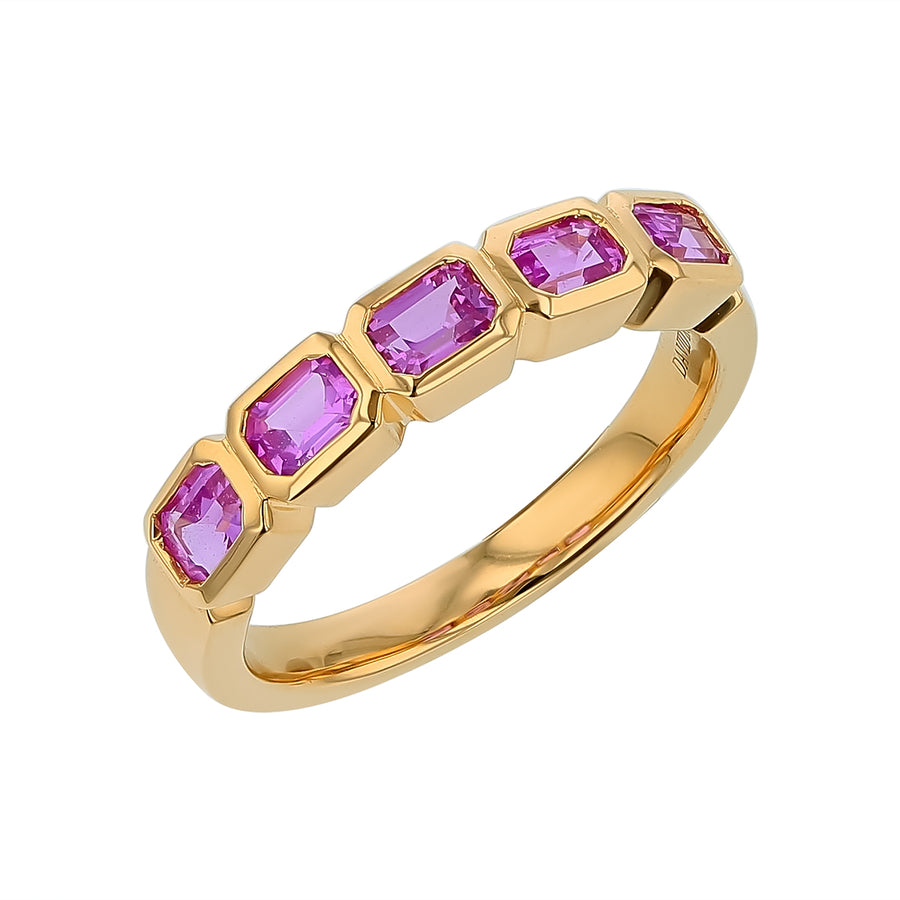 1.37ct Emerald Cut Pink Sapphire Bezel 5 Stone Band in 18K Yellow Gold, size 7