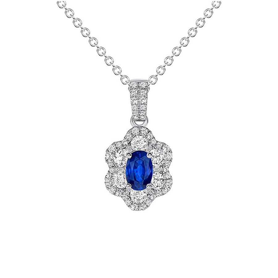 0.58ct Diamond and 0.48ct Sapphire Halo Pendant in 18K White Gold, 18" chain