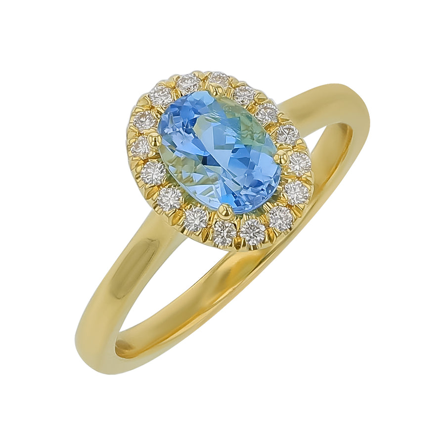 0.83ct Oval Aquamarine and 0.18ct Diamond Halo Ring in 18K Yellow Gold, Size 6.25