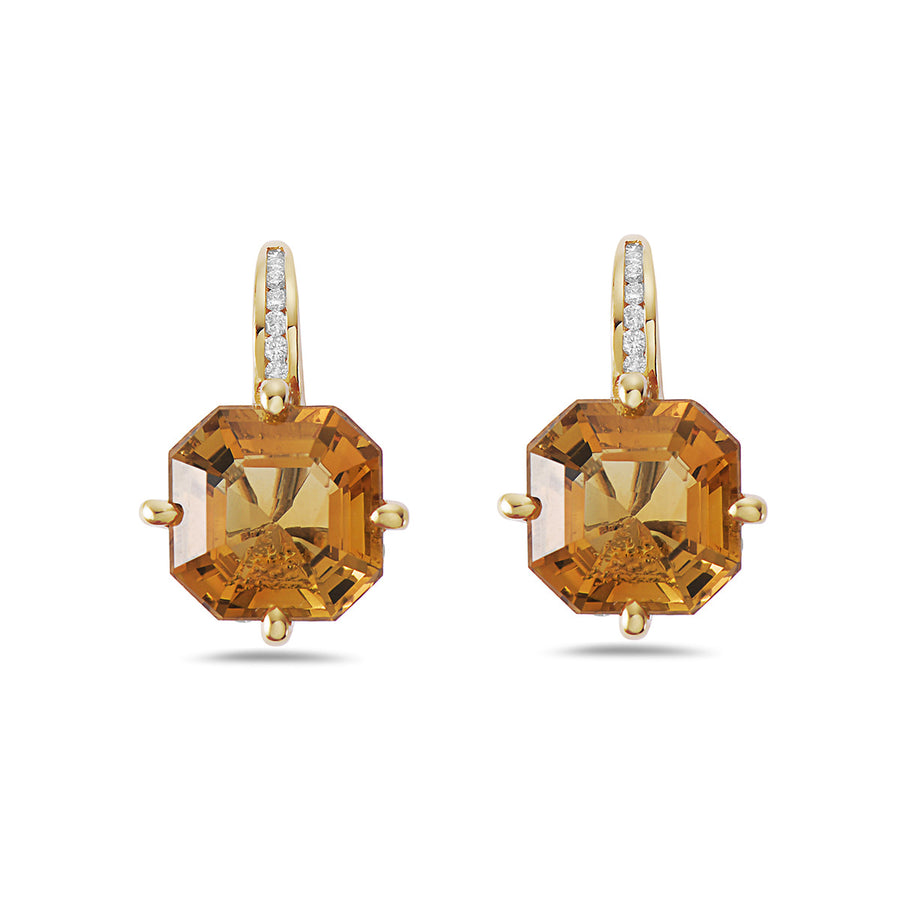 Pastel 6.19ct Ascher Cut Citrine and 0.36ct Diamond Drop Earring in 18K Yellow Gold