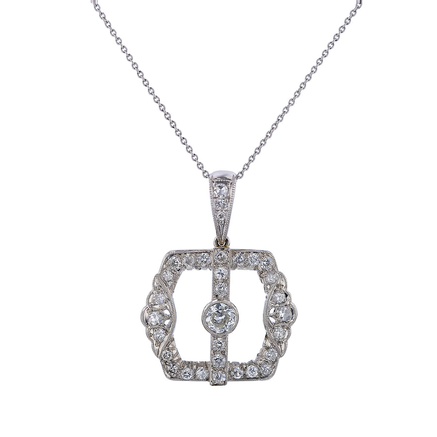 Art Deco 0.35ct OEC Diamond, 1.00ct Diamond and Pendant in 14K White Gold, 16" chain Circa 1920s