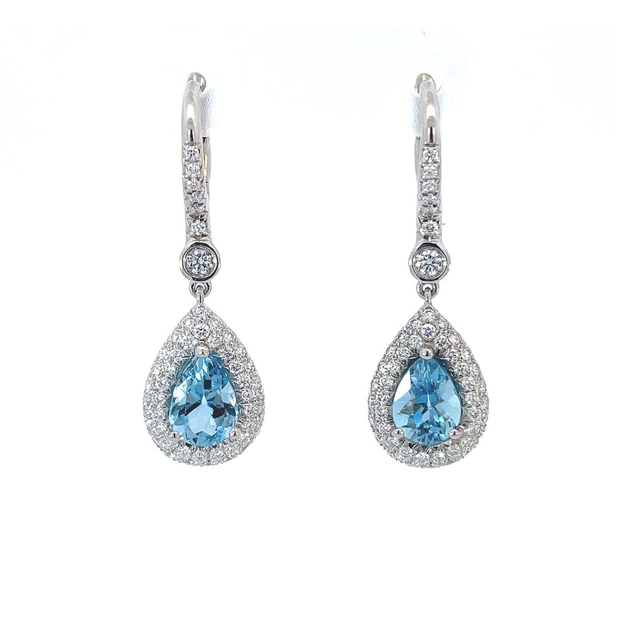 1.29ct Aquamarine and 0.47ct Diamond Pear Shaped Drop Earrings in Platinum