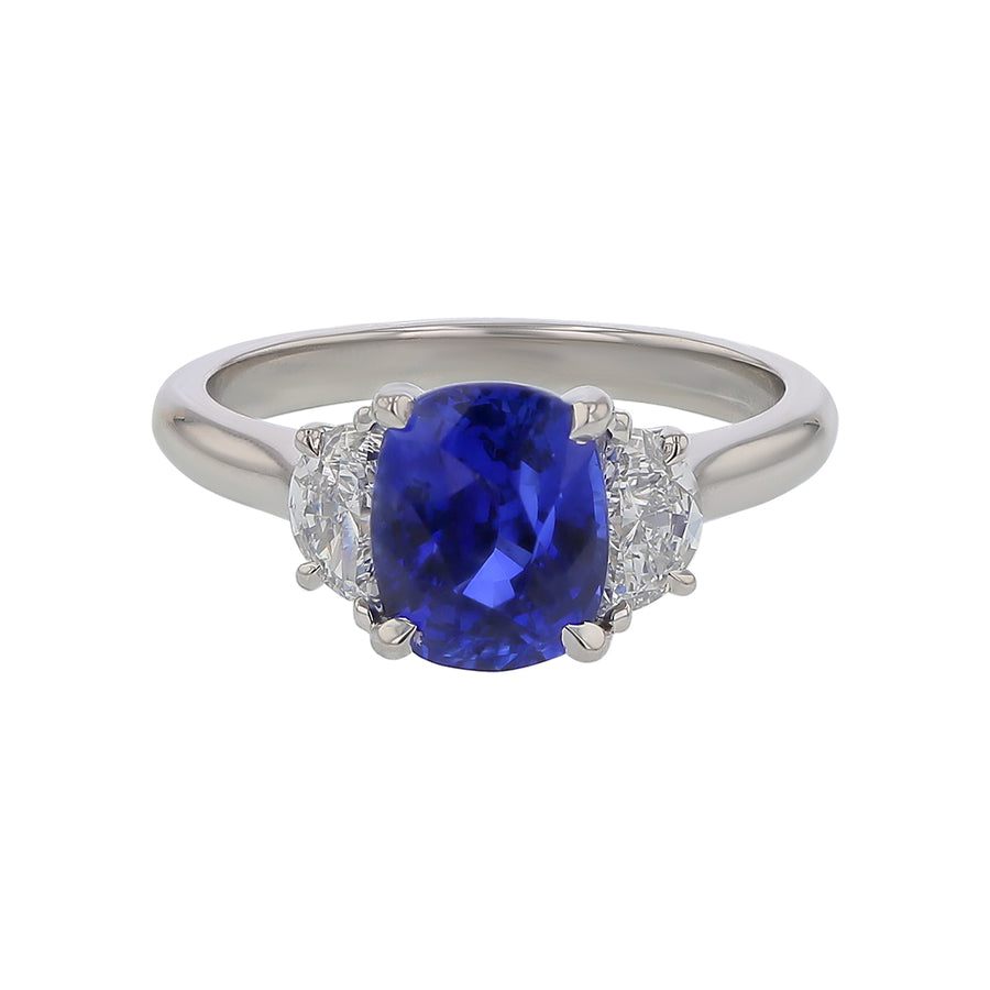 2.69ct Sri Lankan Cushion Sapphire and 0.50ct Half Moon Diamonds Three Stone Ring in Platinum Size 6.5