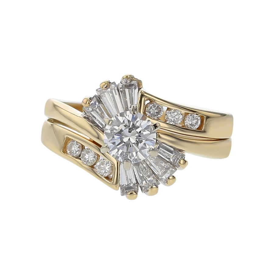 0.60ct Round Diamond and 0.47ct Diamond Halo Ring with Tapered Baguettes in 14K Yellow Gold, size 7