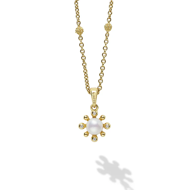Luna Fleur 10mm Pearl and Diamond Pendant in 18K Yellow Gold, 16-18"