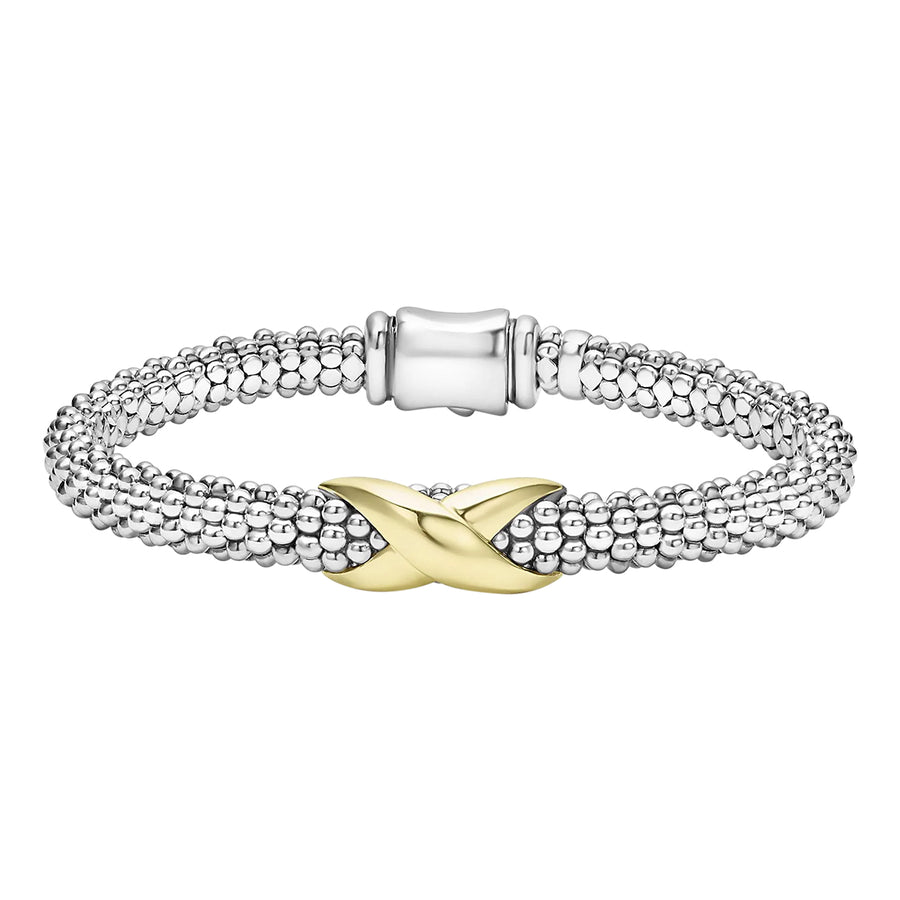 STERLING SIVLER AND 18K YELLOW GOLD 6MM EMBRACE WIDE CENTER X 6.5" ROPE BRACELET