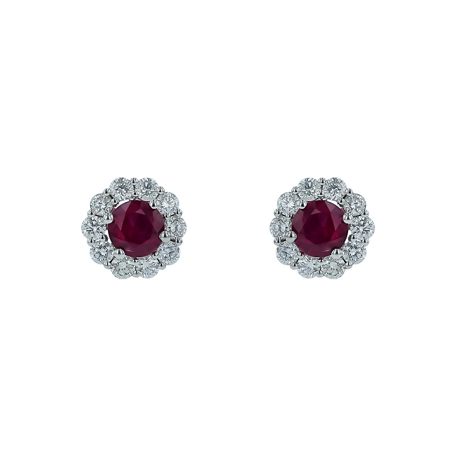1.00ct Ruby and 0.62ct Diamond Halo Stud Earrings in 18K White Gold