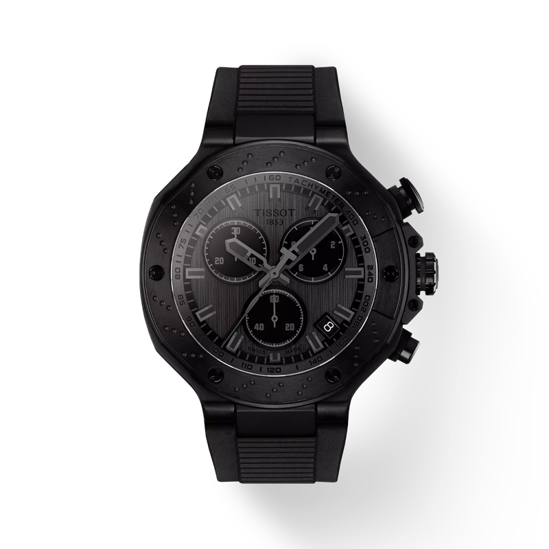 45mm T-Race Chronograph Watch with Dark Grey Dial in Stainless Steel with Black PVD, Strap