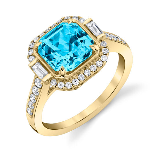 2.70ct Blue Topaz and 0.43ct Diamond Halo Ring in 14K Yellow Gold, size 6.5