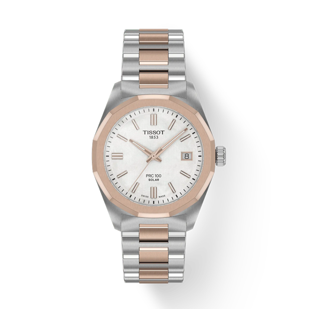 34mm PRC 100 Solar Watch with Mother of Pearl Dial in Stainless Steel with Rose Gold PVD, Bracelet