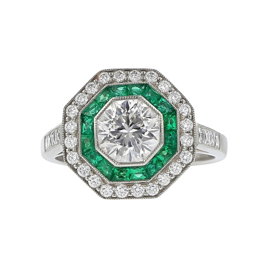1.25ct Octagon Cut Diamond with 0.32ct French Cut Emeralds and 0.48ct Round Diamonds Halo Ring in Platinum, size 6.25