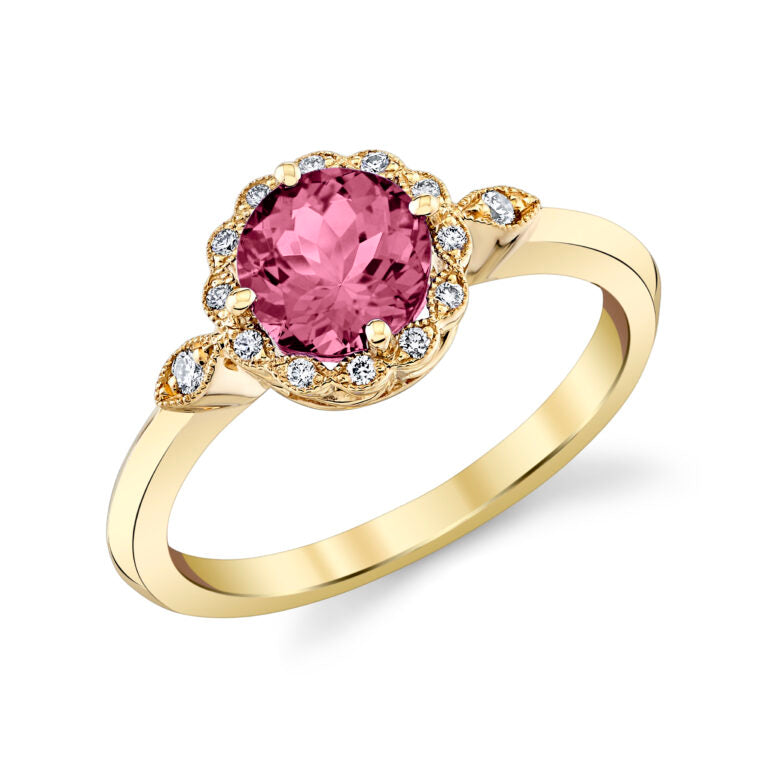 1.40ct Rhodolite and 0.07ct Diamond Halo Ring in 14K Yellow Gold, size 6.5