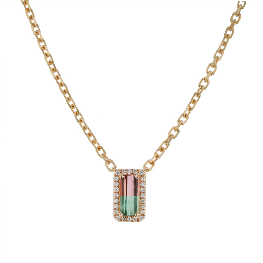 1.03Ct Bi-Color Tourmaline and 0.14Ct Diamond Halo Necklace in 14k Yellow Gold, 18in
