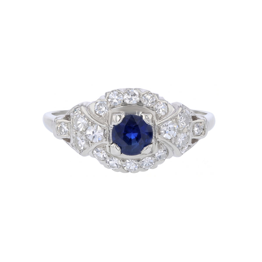 Mid Century 0.60ct Sapphire and 0.44ct Single Cut Diamond Ring in Platinum, size 8.25