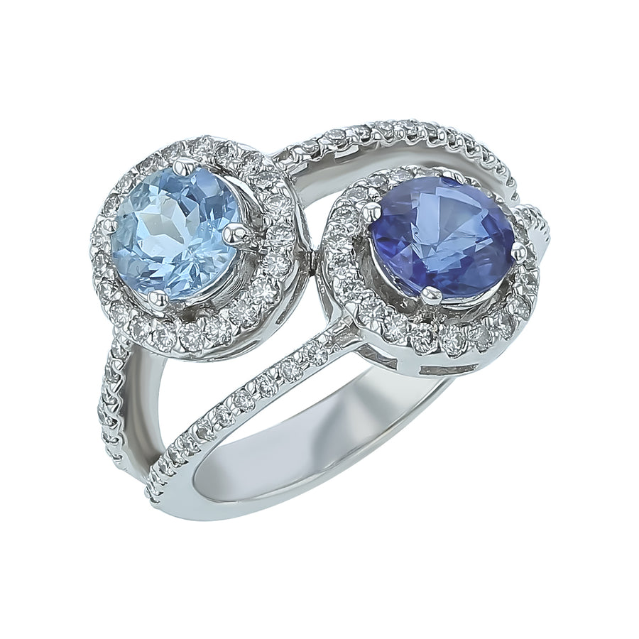 1.26ct Sapphire, 0.85ct Aquamarine and 0.55ct Diamond Double Halo Ring in 18K White Gold, size 6.5
