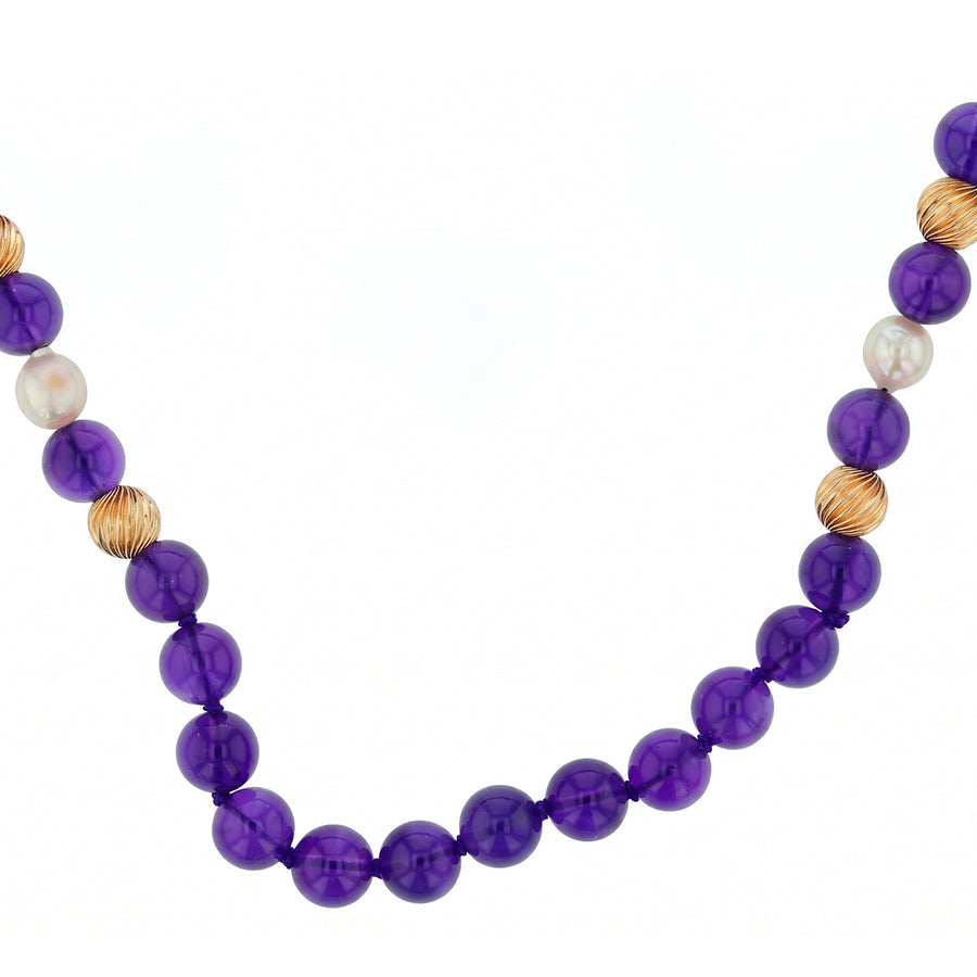 8mm Amethyst Pearl and Gold Bead Necklace in 14K Yellow Gold 33"