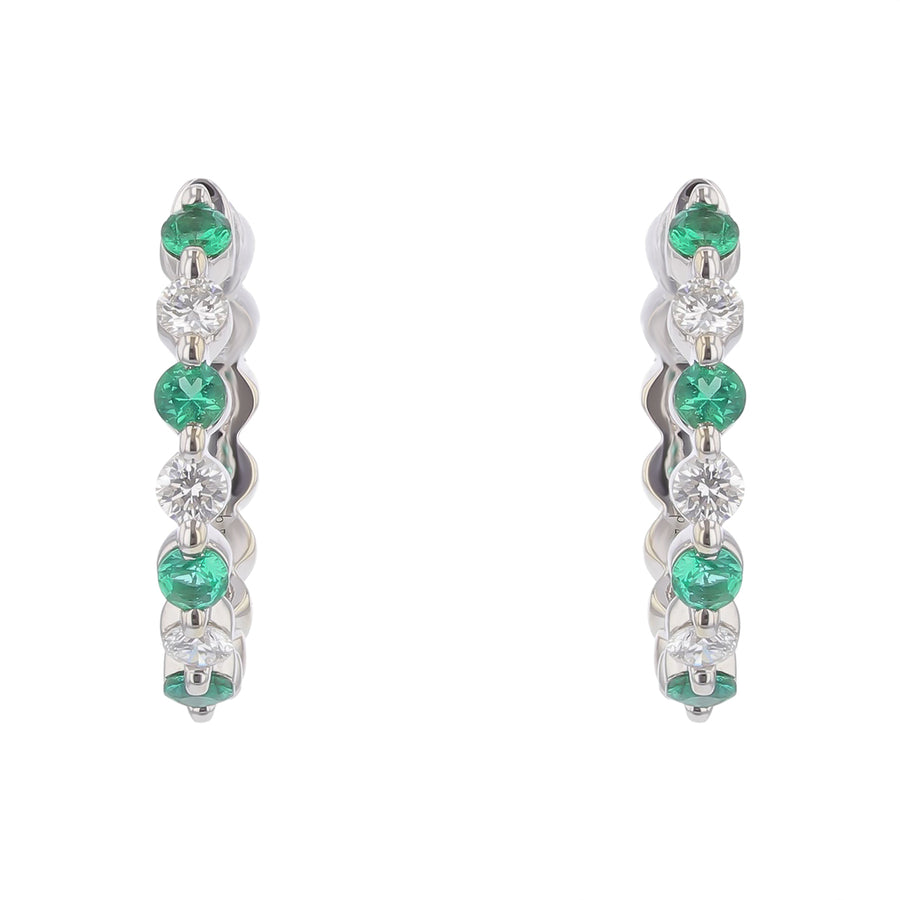 Diamond and Emerald Hoop Earring in 18K White Gold